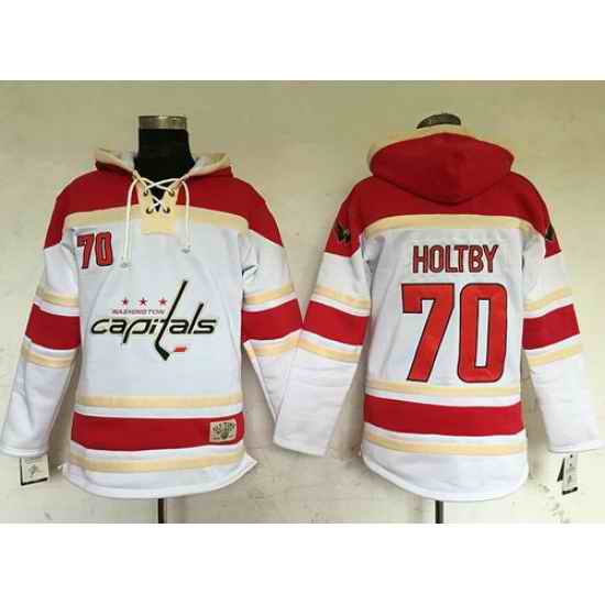 Men Washington Capitals 70 Braden Holtby White Sawyer Hooded Sweatshirt Stitched NHL Jersey